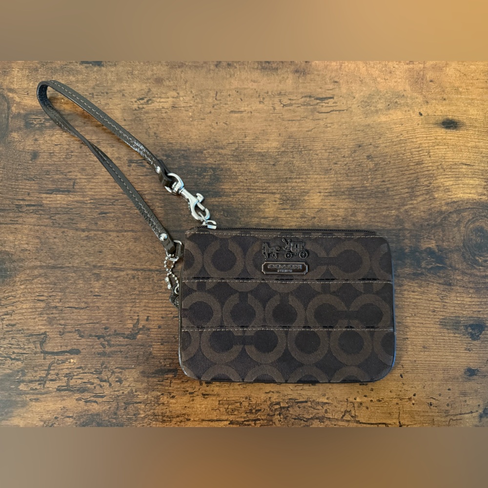 Coach Brown Signature Canvas Wristlet with Leather Strap